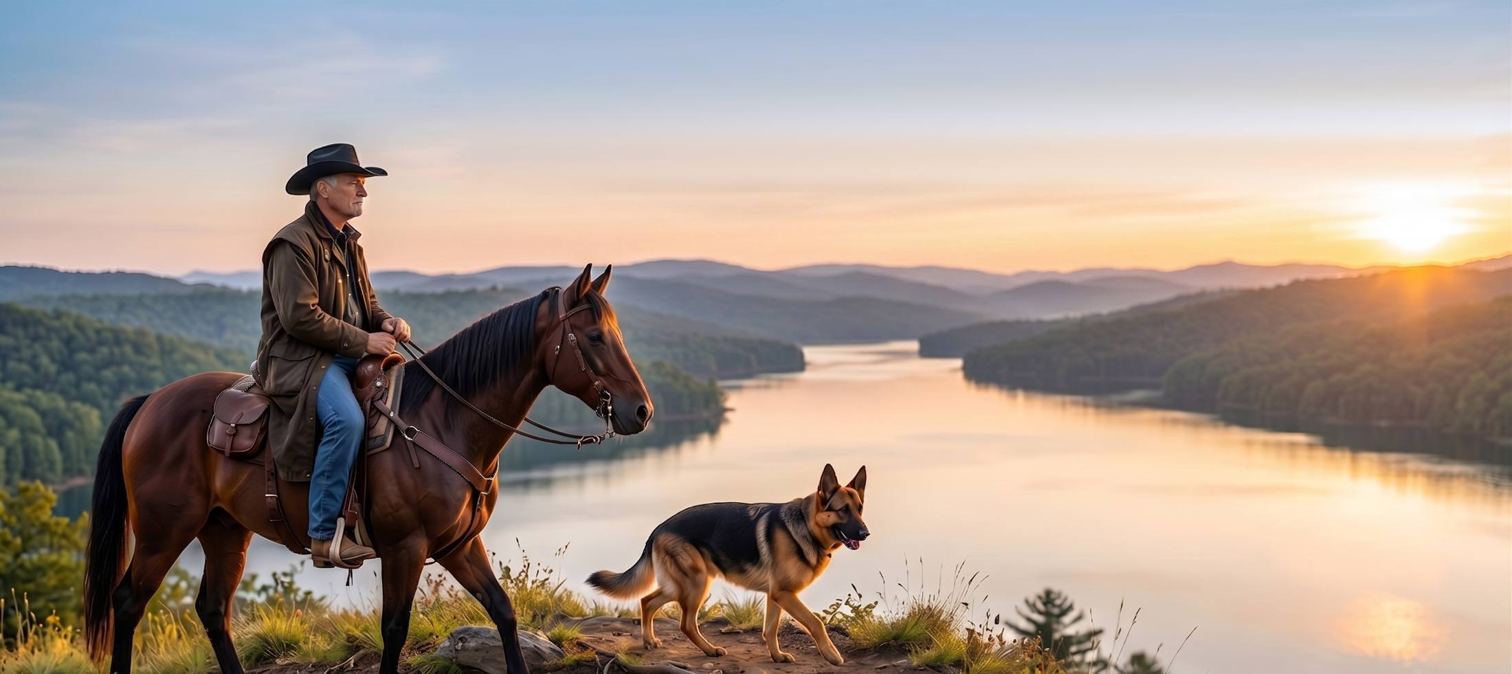 Bishop Hayes on Spirit at a Georgia lake at sunset, Joe the German Shepherd at his side